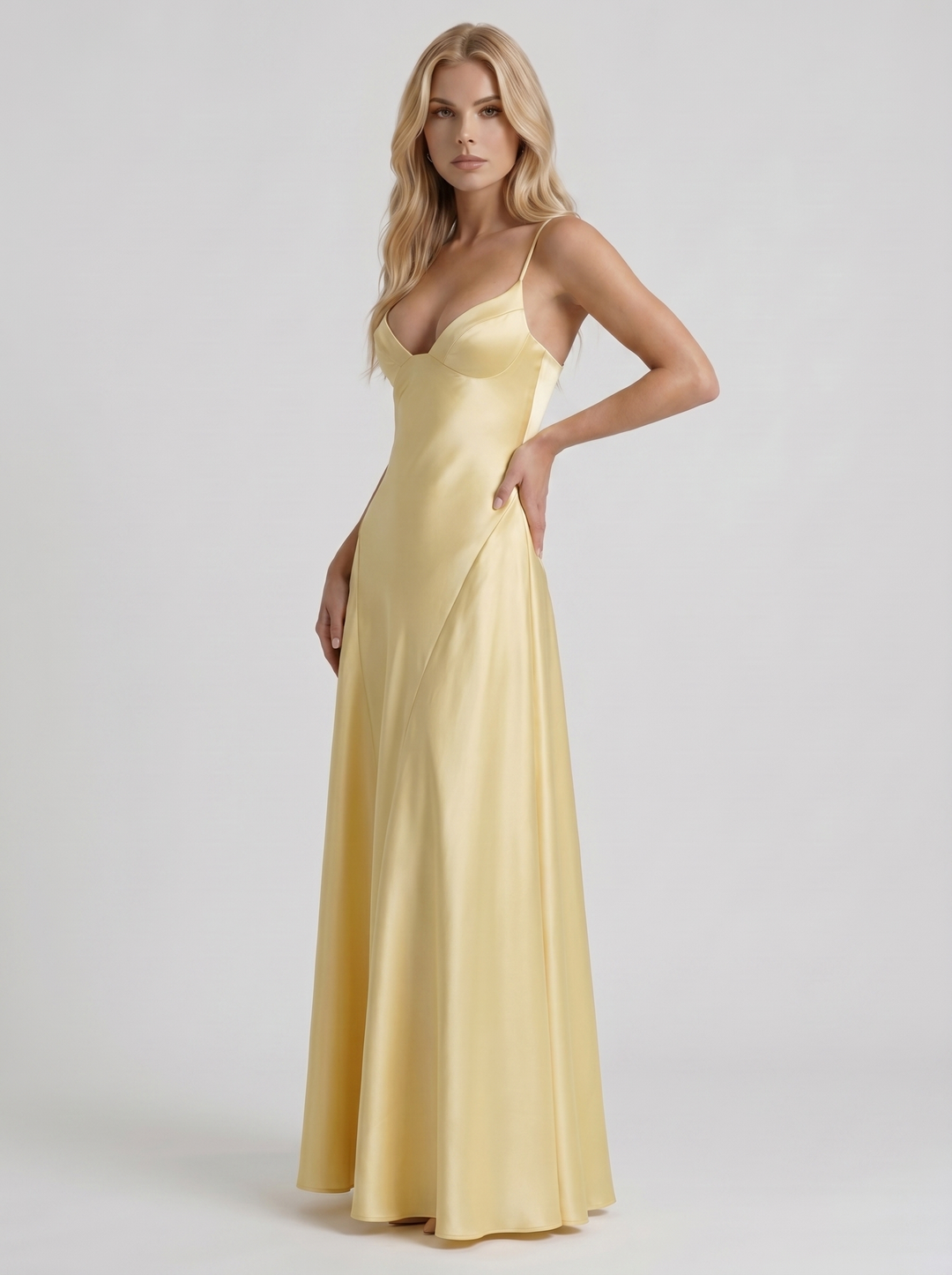 Adelaide V Neck Satin A Line Maxi Dress - Lemon