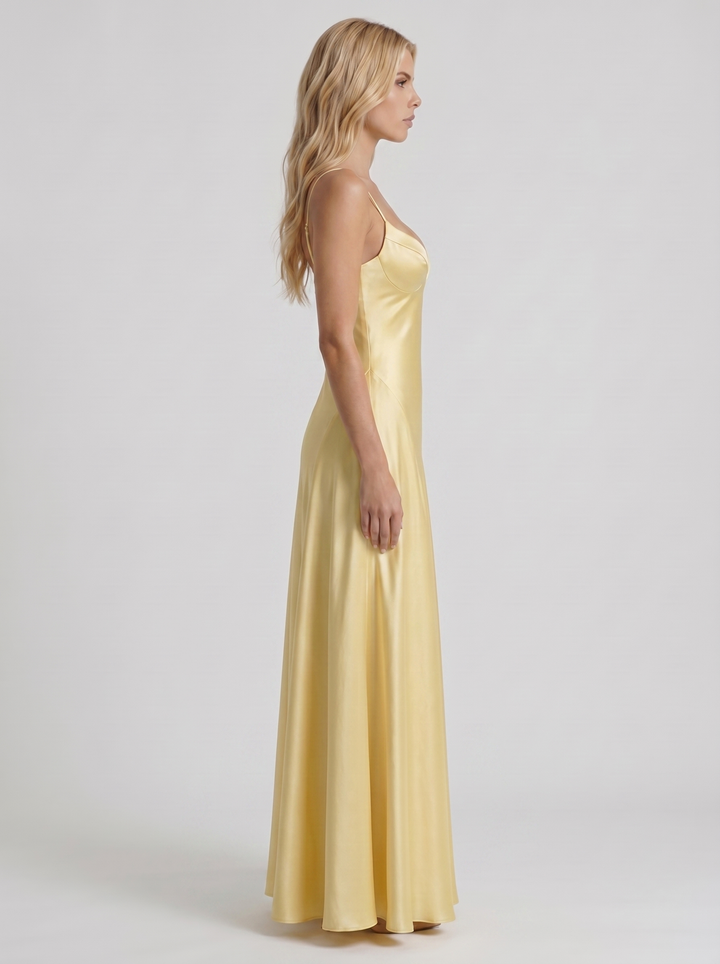 Adelaide V Neck Satin A Line Maxi Dress - Lemon