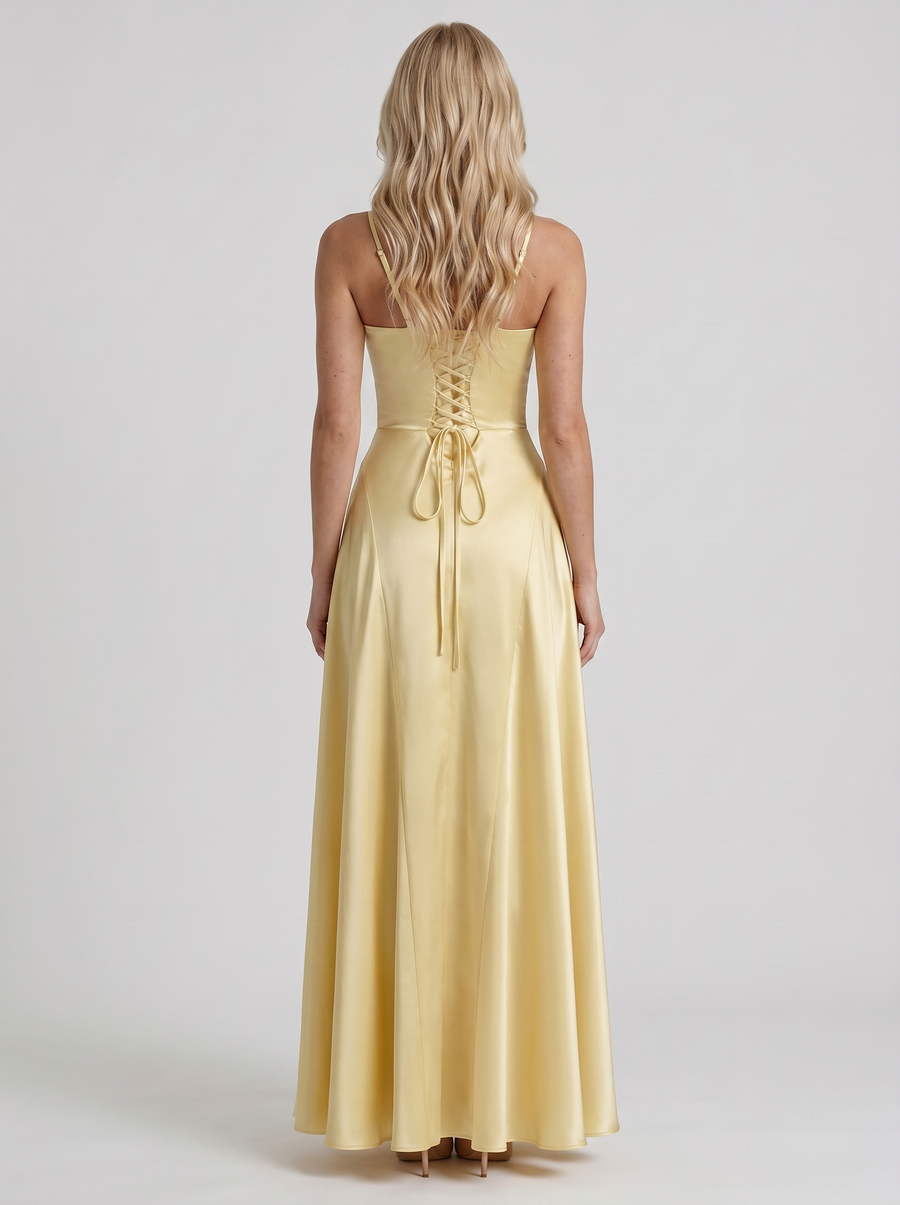 Adelaide V Neck Satin A Line Maxi Dress - Lemon