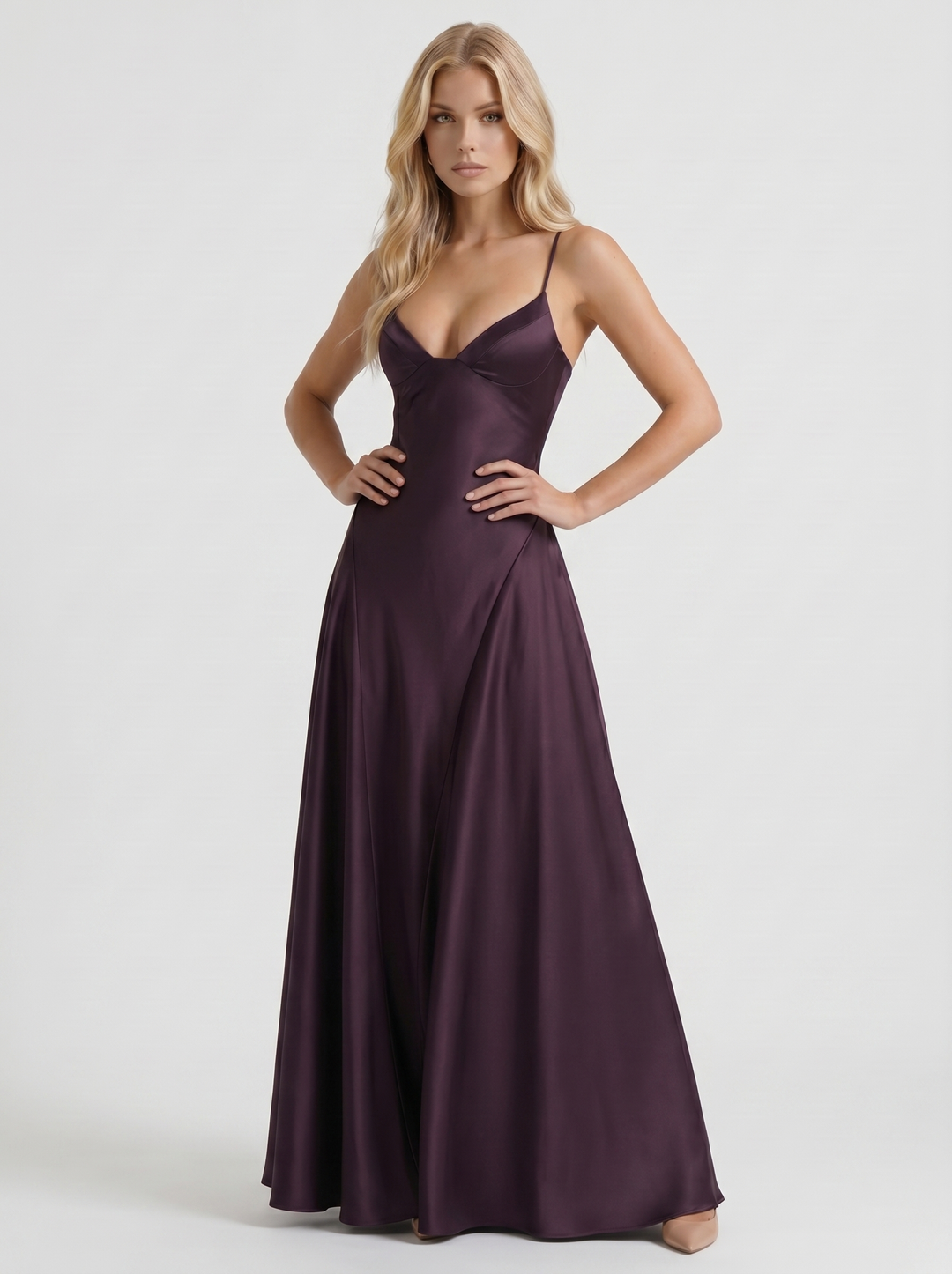 Adelaide V Neck Satin A Line Maxi Dress - Plum