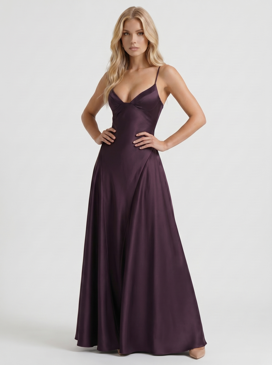 Adelaide V Neck Satin A Line Maxi Dress - Plum