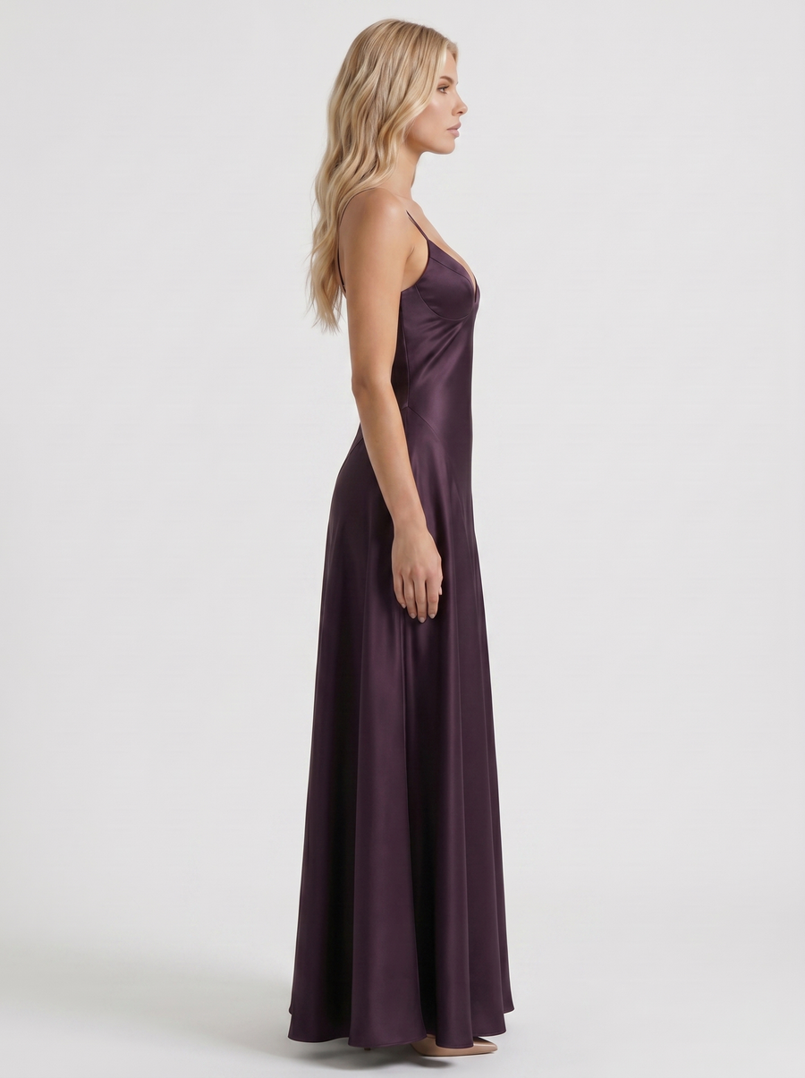 Adelaide V Neck Satin A Line Maxi Dress - Plum