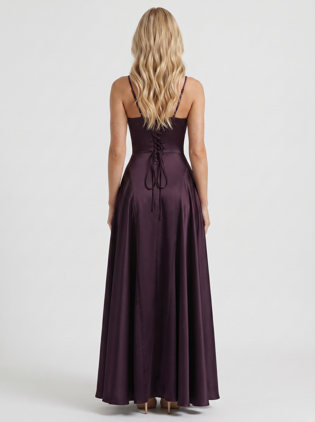 Adelaide V Neck Satin A Line Maxi Dress - Plum