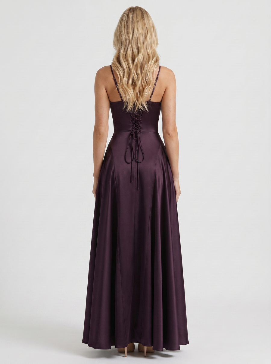 Adelaide V Neck Satin A Line Maxi Dress - Plum