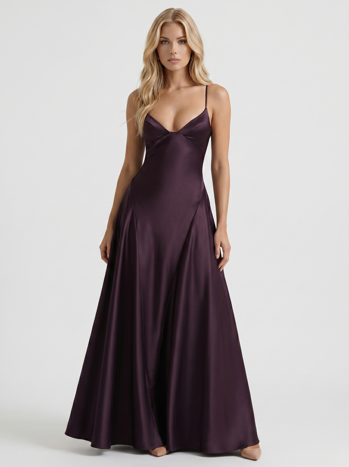 Adelaide V Neck Satin A Line Maxi Dress - Plum