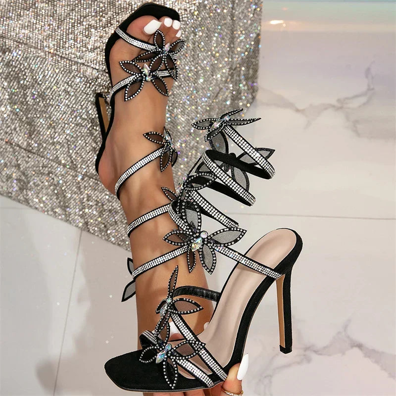 Alexis Butterfly Wrap Strap Stiletto Heeled Sandals - Black