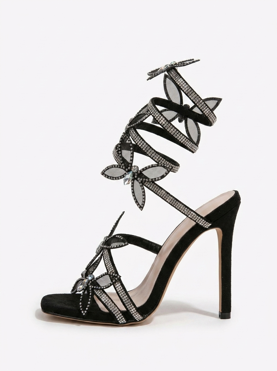 Alexis Butterfly Wrap Strap Stiletto Heeled Sandals - Black