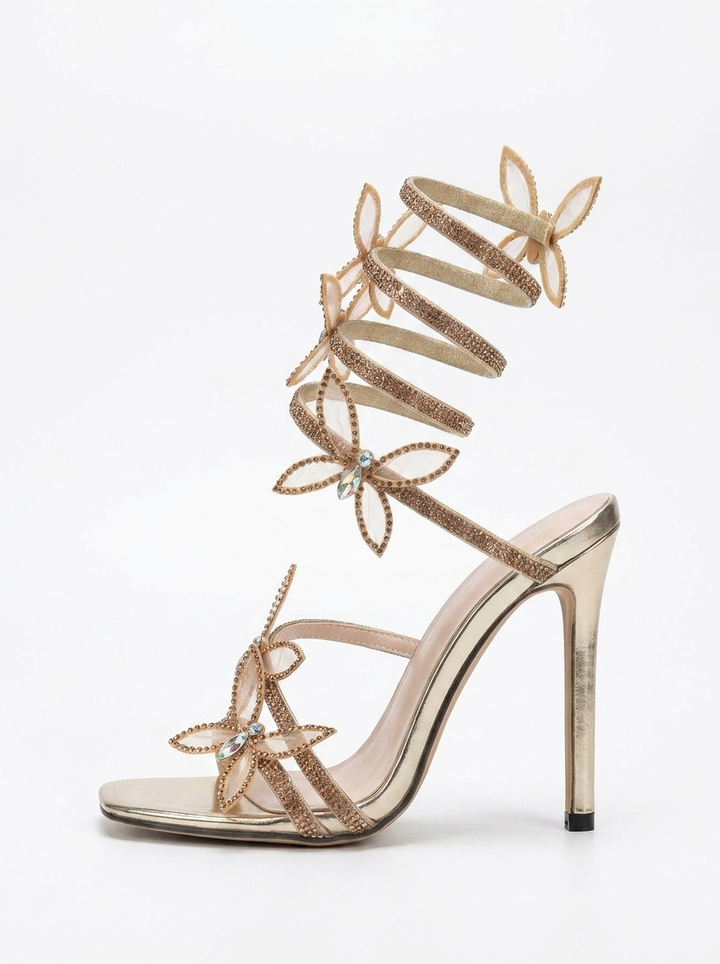 Alexis Butterfly Wrap Strap Stiletto Heeled Sandals - Gold