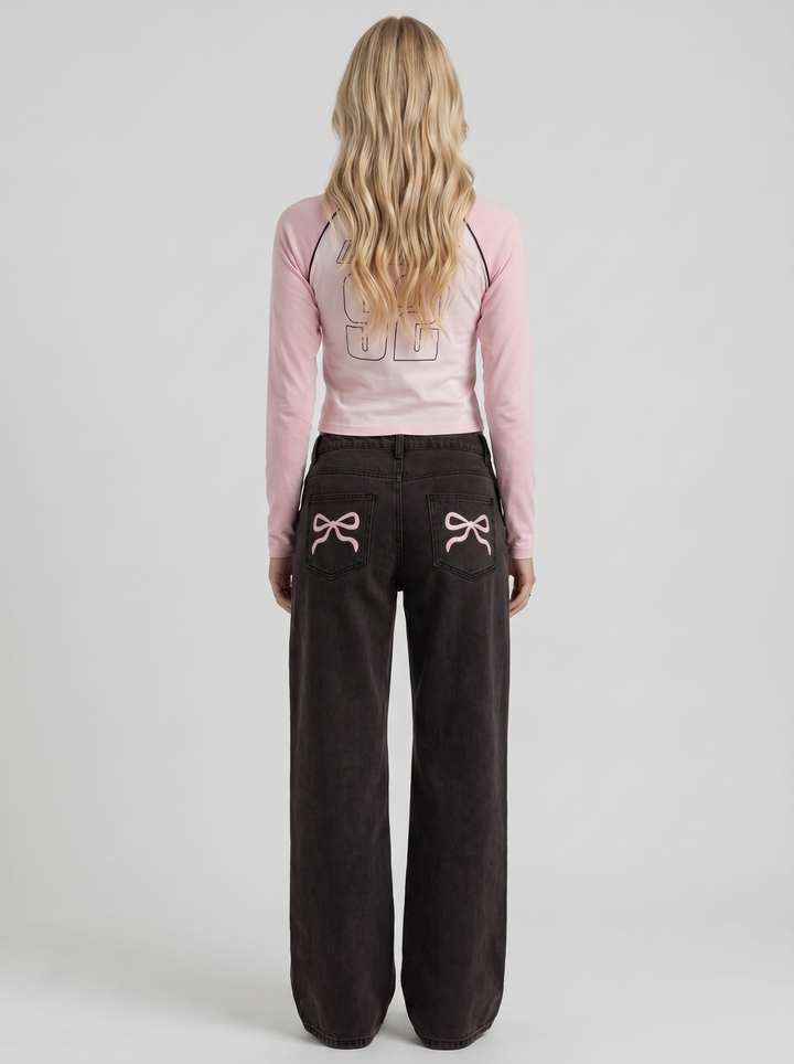 Amelie Bow Detail Wide Leg Jeans - Black