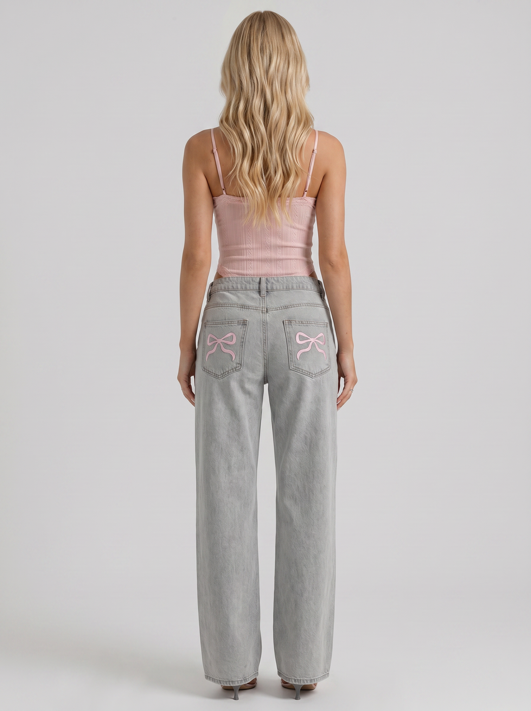 Amelie Bow Detail Wide Leg Jeans - Blue