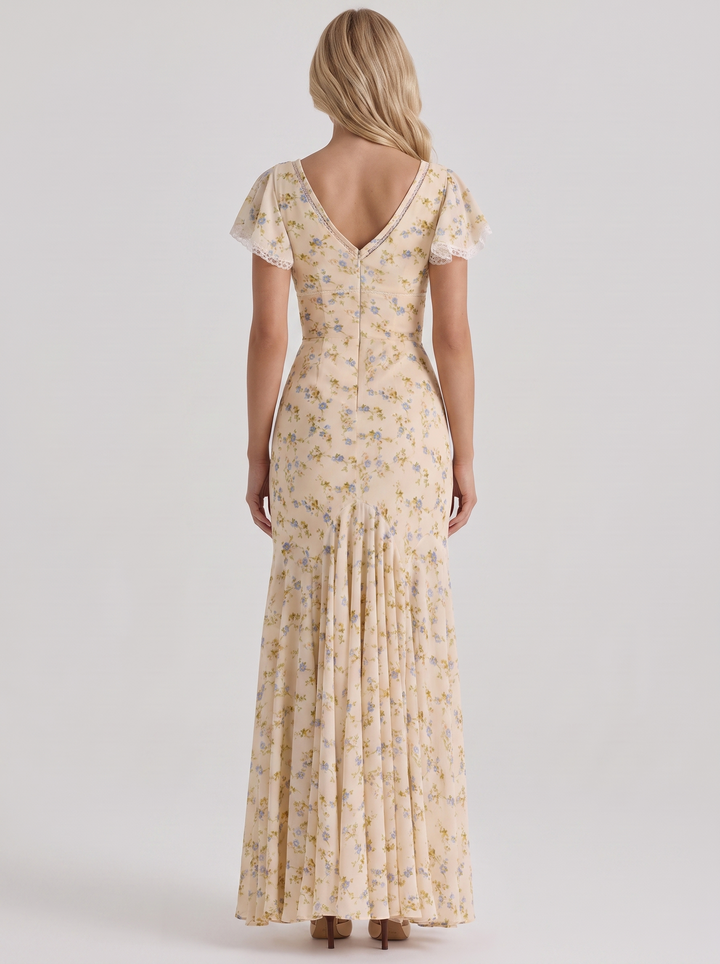 Amina Floral V Neck Maxi Dress - Buttercream Yellow