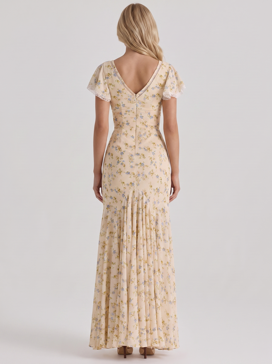 Amina Floral V Neck Maxi Dress - Buttercream Yellow