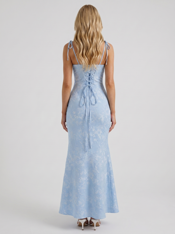 Aria Cowl Neck Textured Satin Bodycon Maxi Dress - Blue