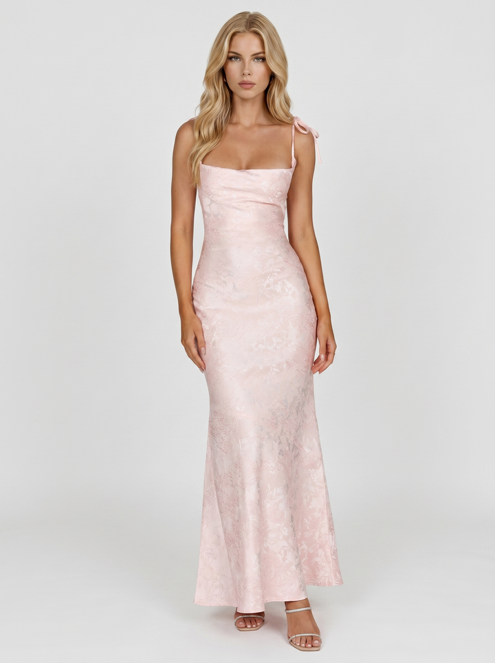 Aria Cowl Neck Textured Satin Bodycon Maxi Dress - Blush