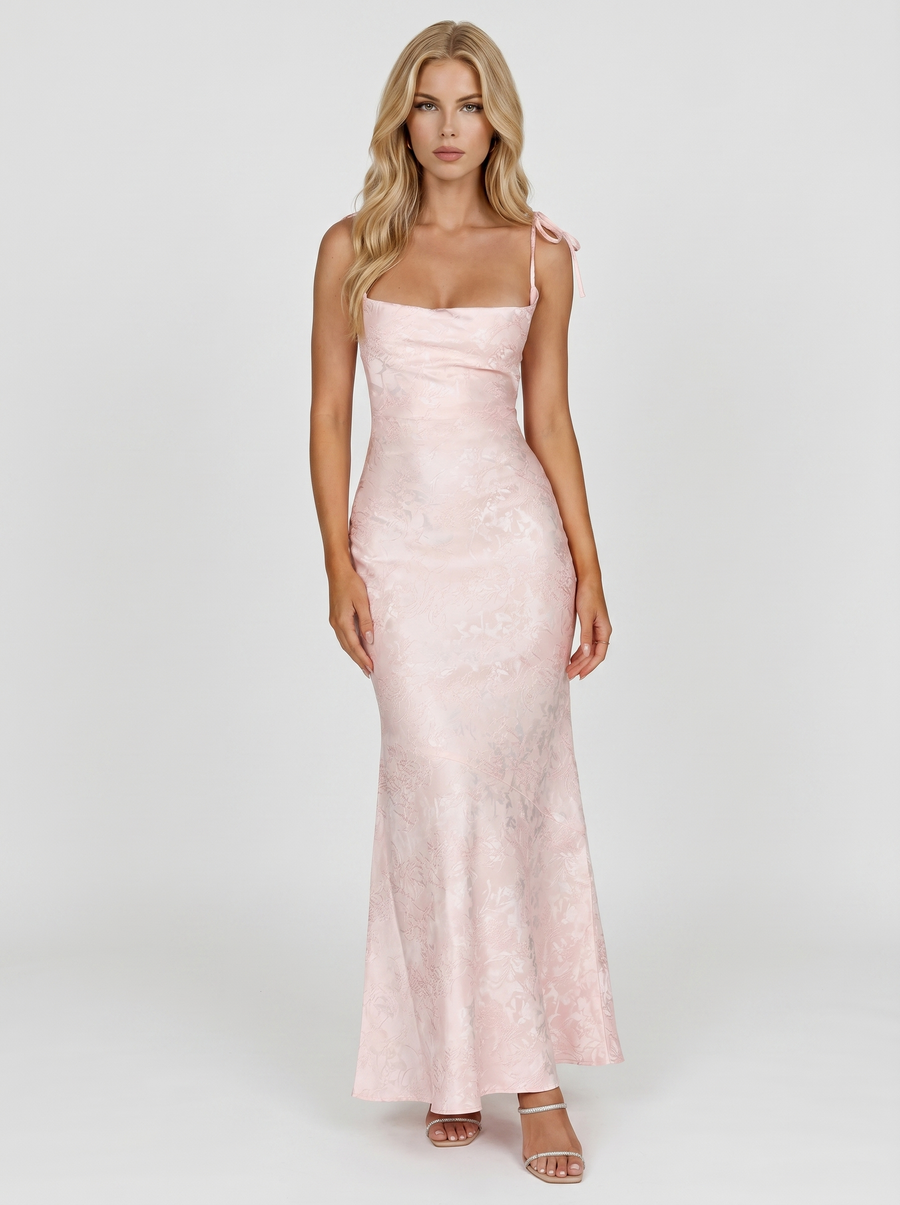 Aria Cowl Neck Textured Satin Bodycon Maxi Dress - Blush