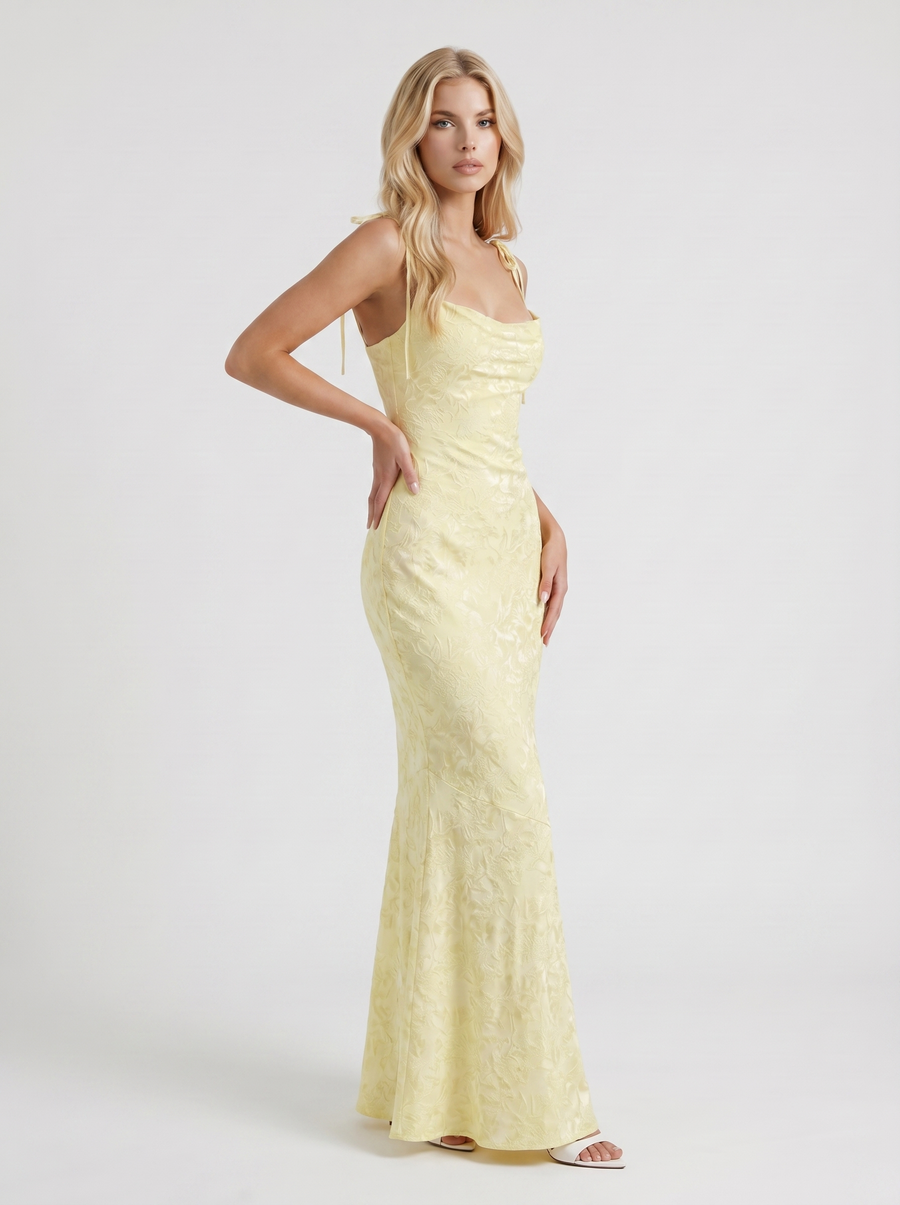 Aria Cowl Neck Textured Satin Bodycon Maxi Dress - Lemon