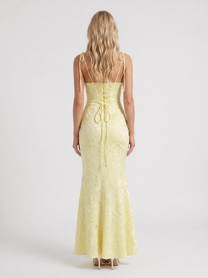 Aria Cowl Neck Textured Satin Bodycon Maxi Dress - Lemon