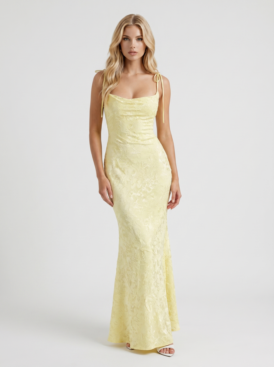 Aria Cowl Neck Textured Satin Bodycon Maxi Dress - Lemon