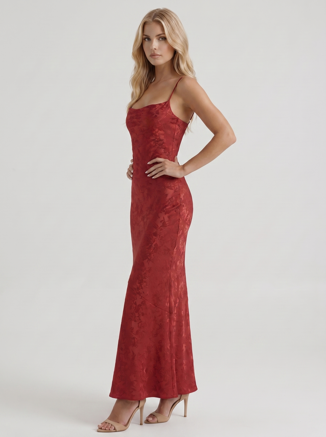 Aria Cowl Neck Textured Satin Bodycon Maxi Dress - Red