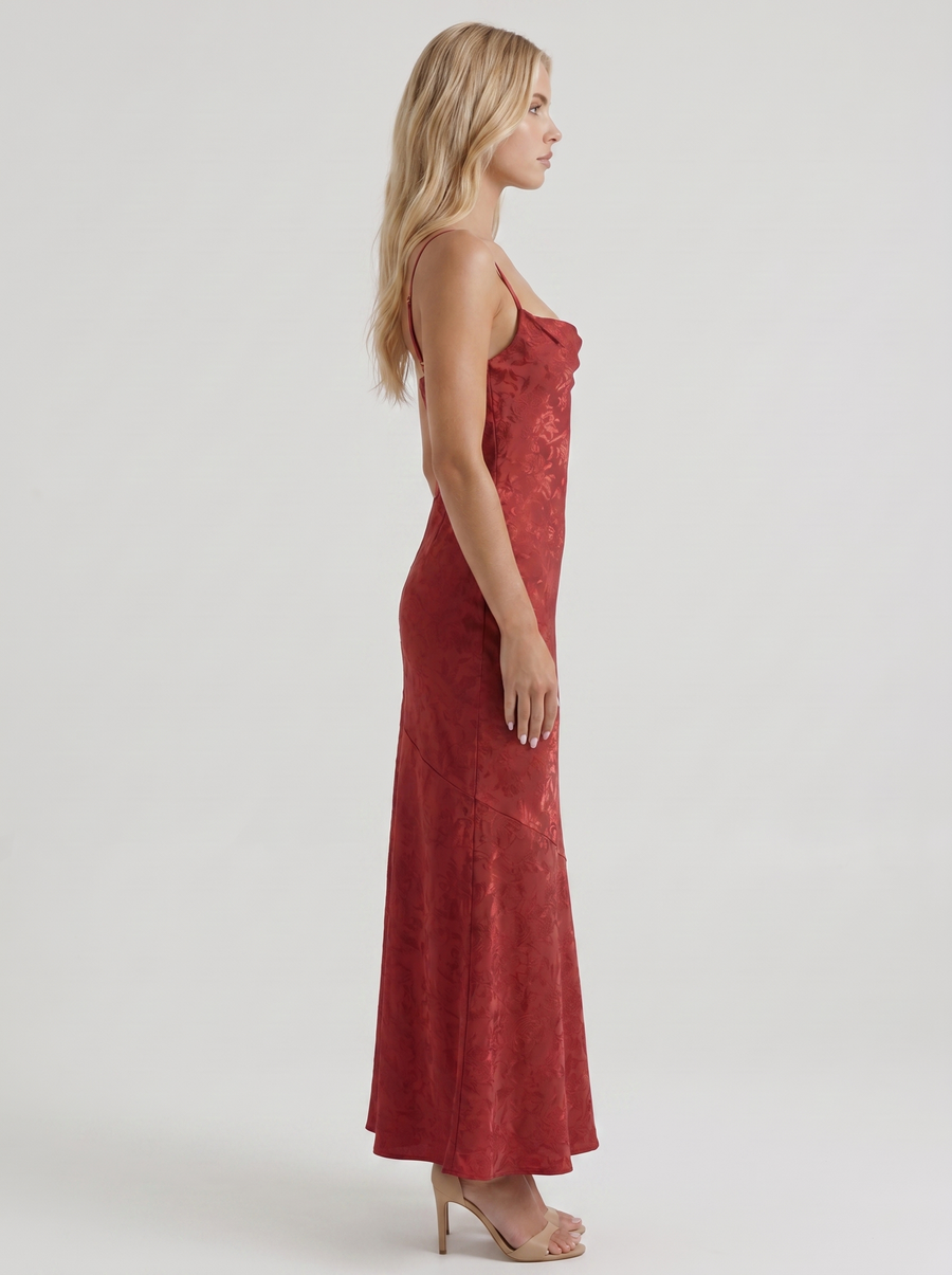 Aria Cowl Neck Textured Satin Bodycon Maxi Dress - Red