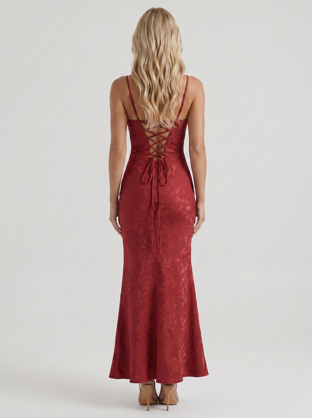 Aria Cowl Neck Textured Satin Bodycon Maxi Dress - Red