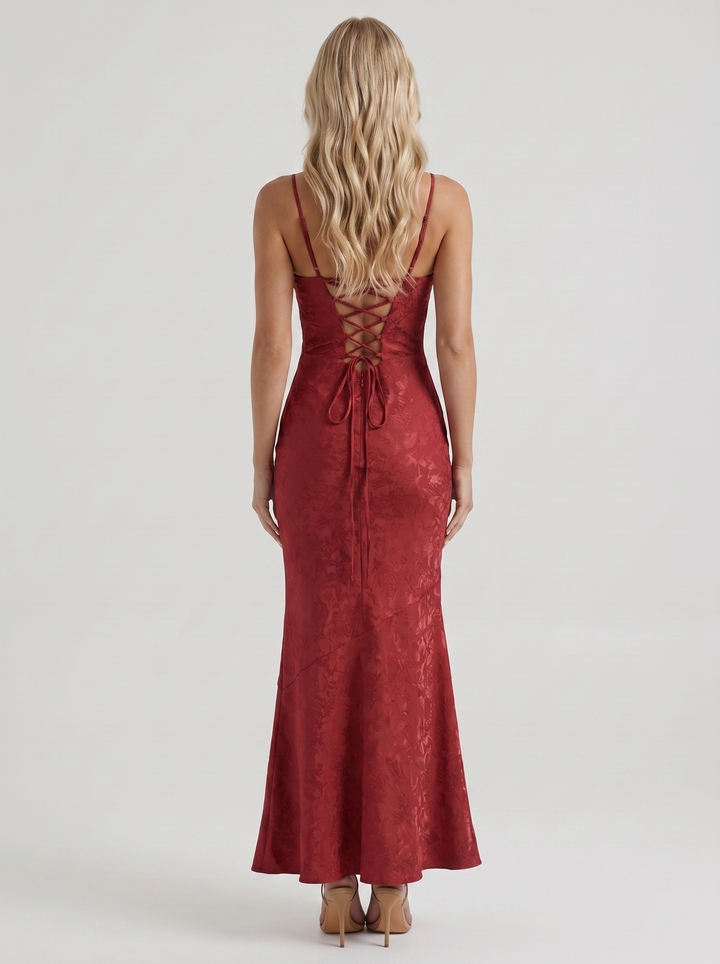 Aria Cowl Neck Textured Satin Bodycon Maxi Dress - Red
