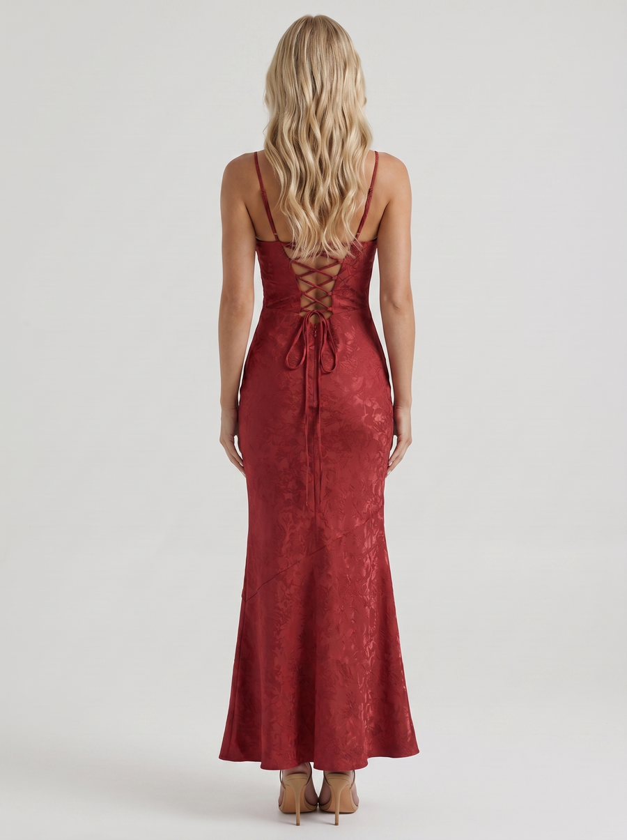 Aria Cowl Neck Textured Satin Bodycon Maxi Dress - Red