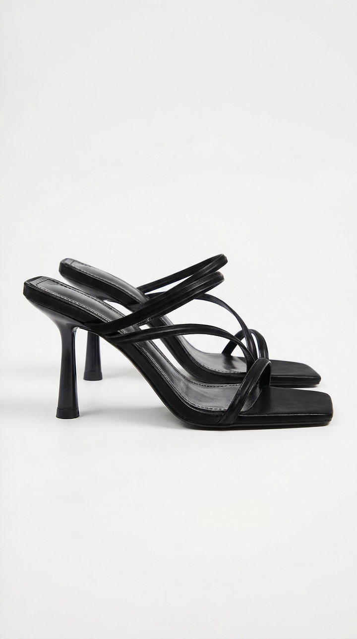 Aubrey Cross Strap Square Toe Mule Heel Sandals - Black