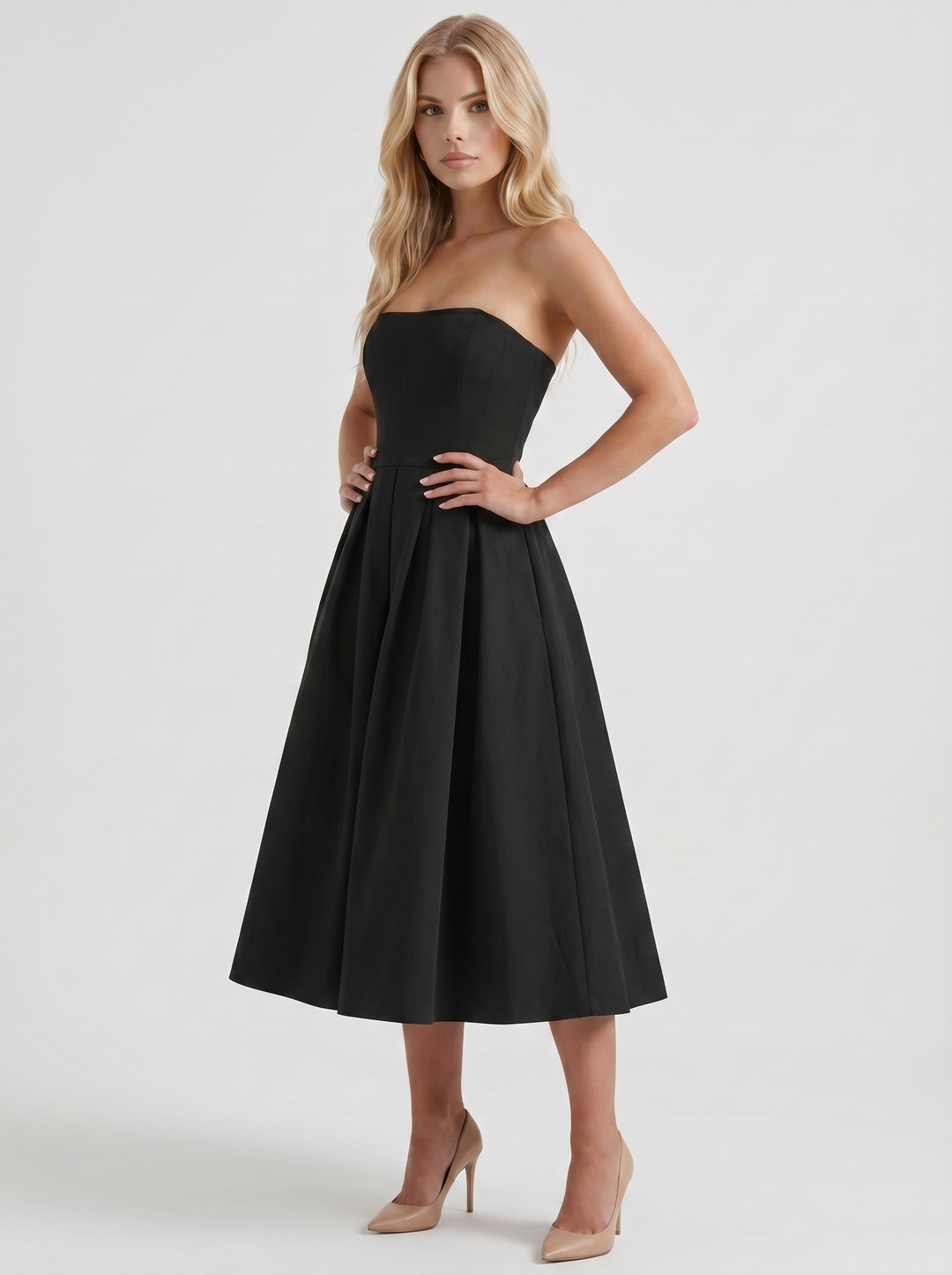 Audrey Strapless Pleated A Line Midi Dress - Black