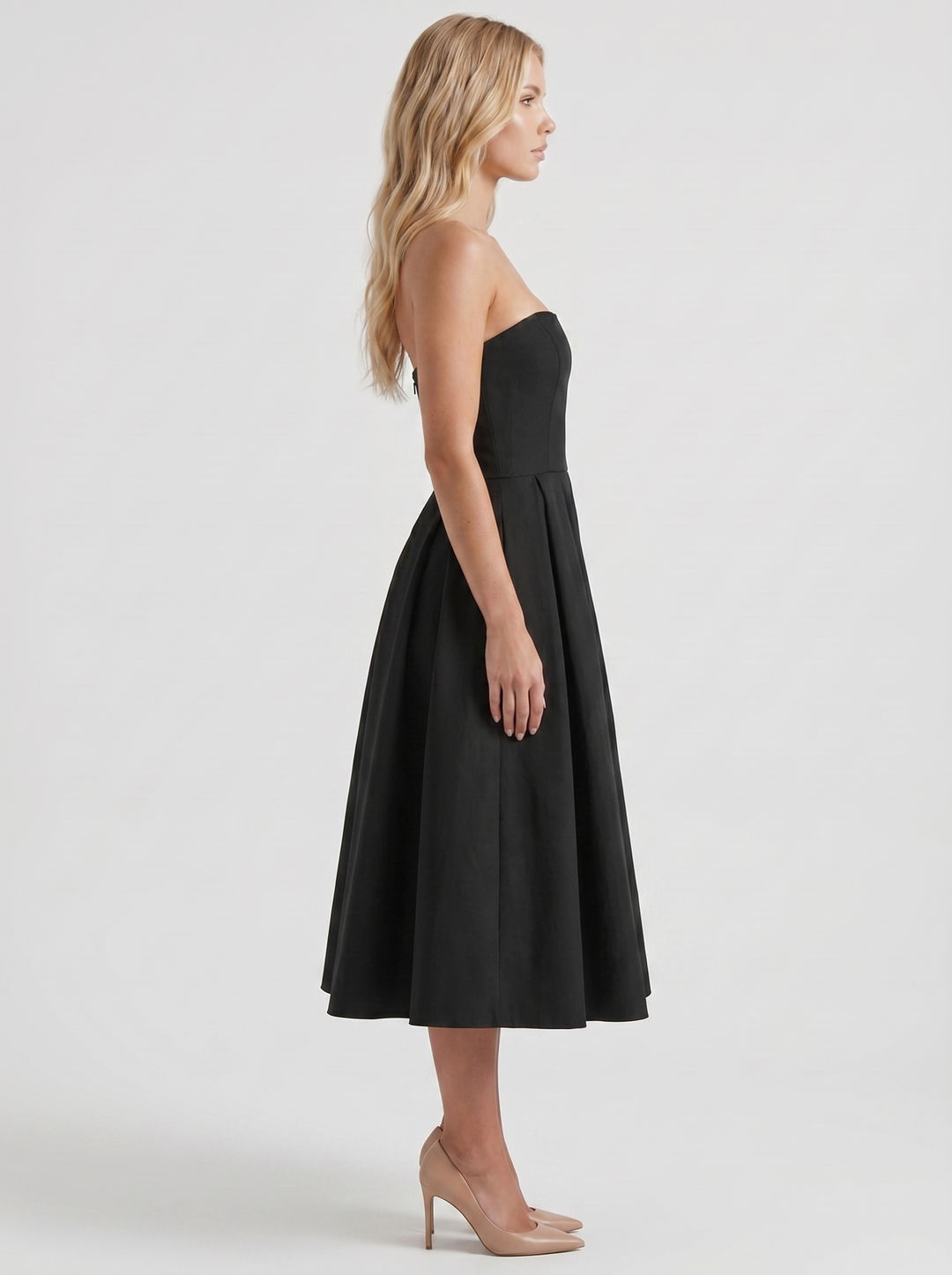Audrey Strapless Pleated A Line Midi Dress - Black