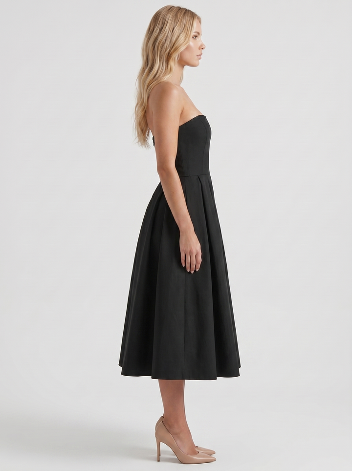 Audrey Strapless Pleated A Line Midi Dress - Black