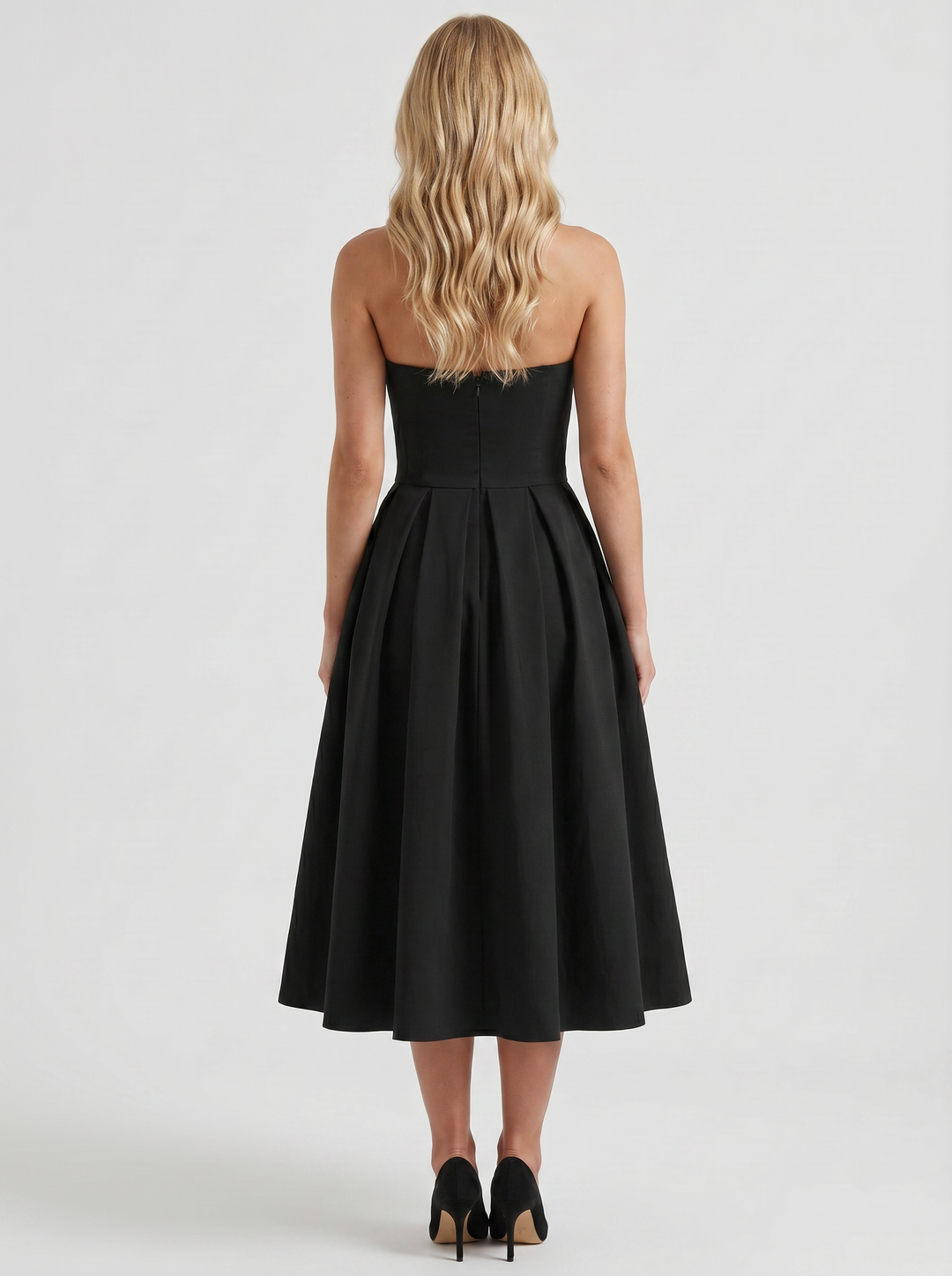 Audrey Strapless Pleated A Line Midi Dress - Black