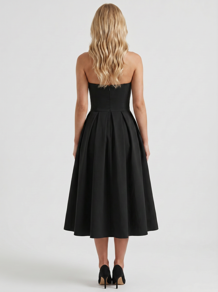 Audrey Strapless Pleated A Line Midi Dress - Black