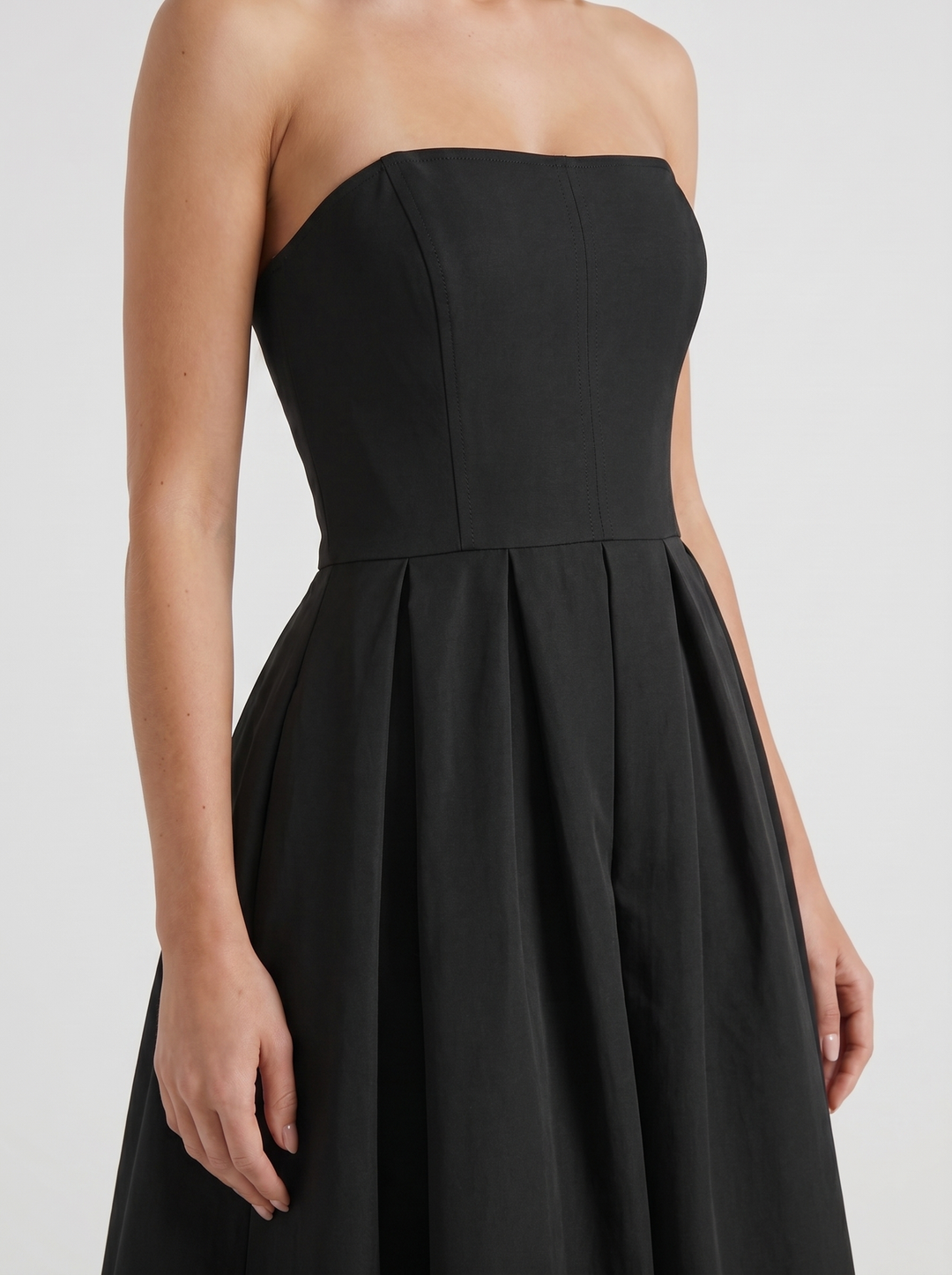 Audrey Strapless Pleated A Line Midi Dress - Black