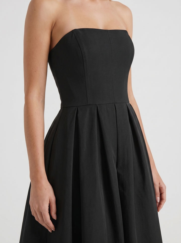 Audrey Strapless Pleated A Line Midi Dress - Black