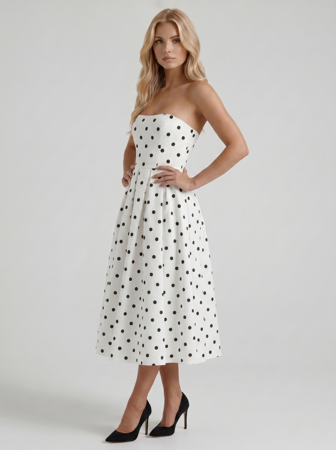 Audrey Strapless Pleated A Line Midi Dress - Black Polka Dot