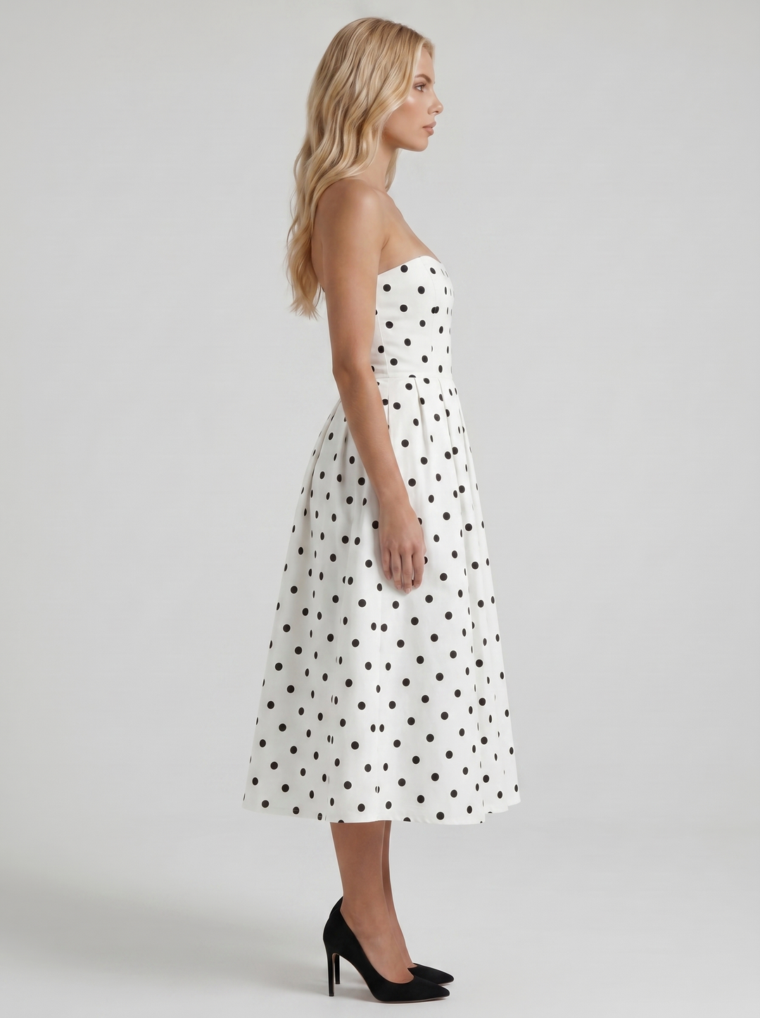 Audrey Strapless Pleated A Line Midi Dress - Black Polka Dot
