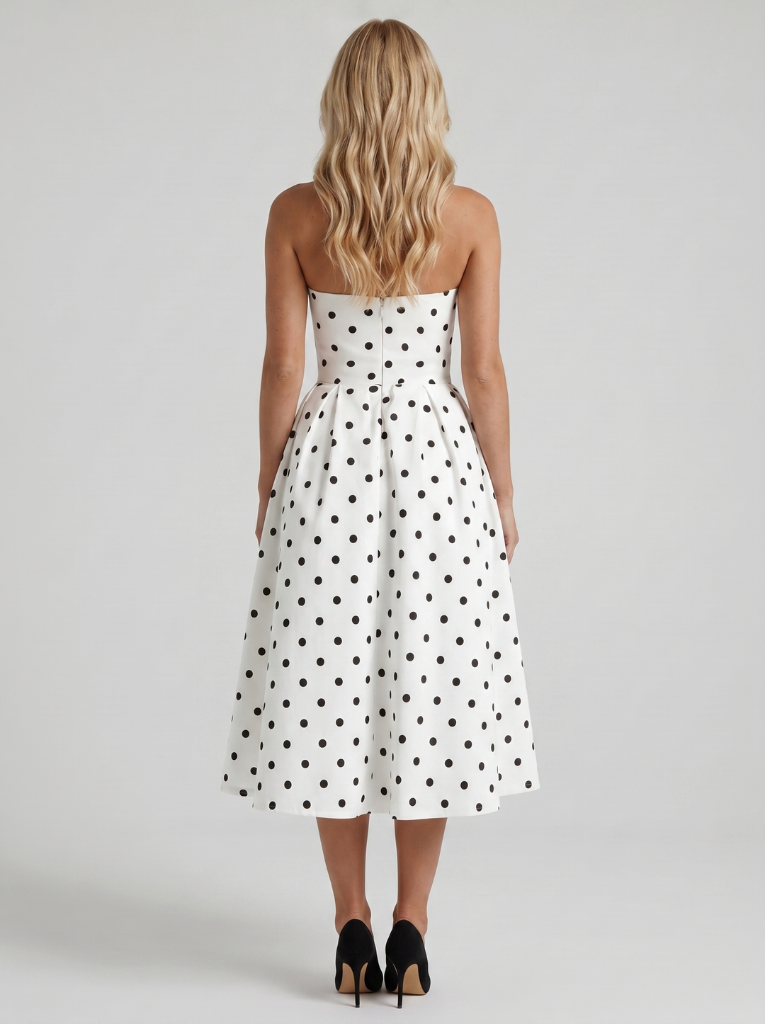 Audrey Strapless Pleated A Line Midi Dress - Black Polka Dot