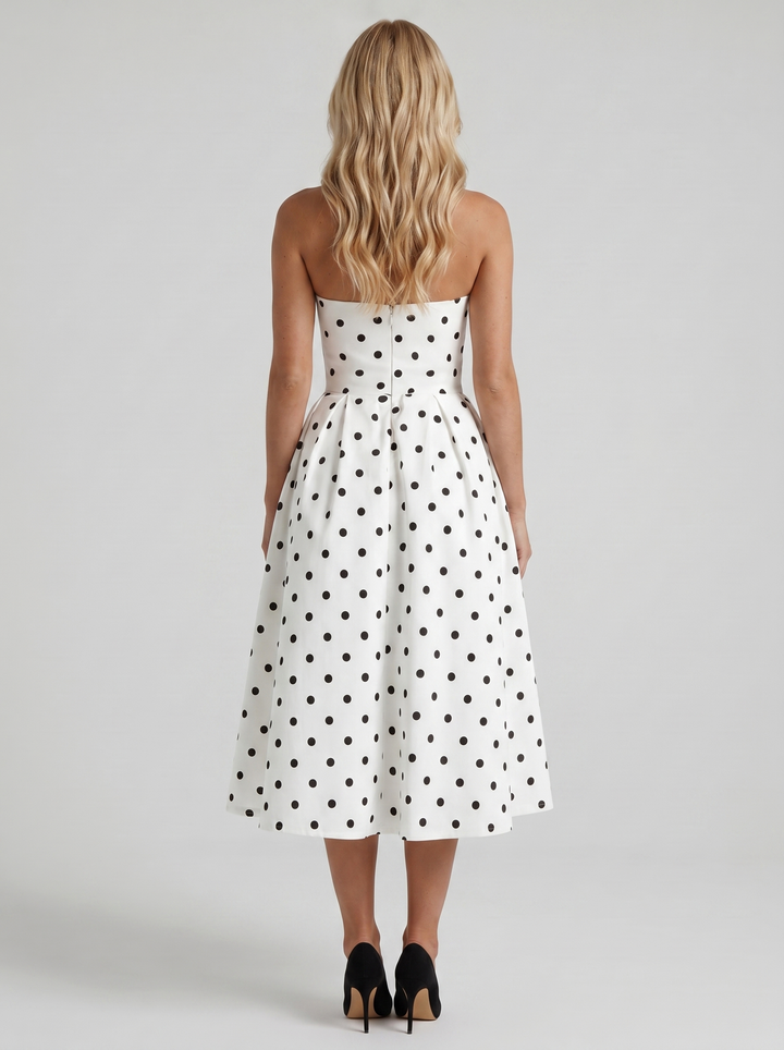 Audrey Strapless Pleated A Line Midi Dress - Black Polka Dot