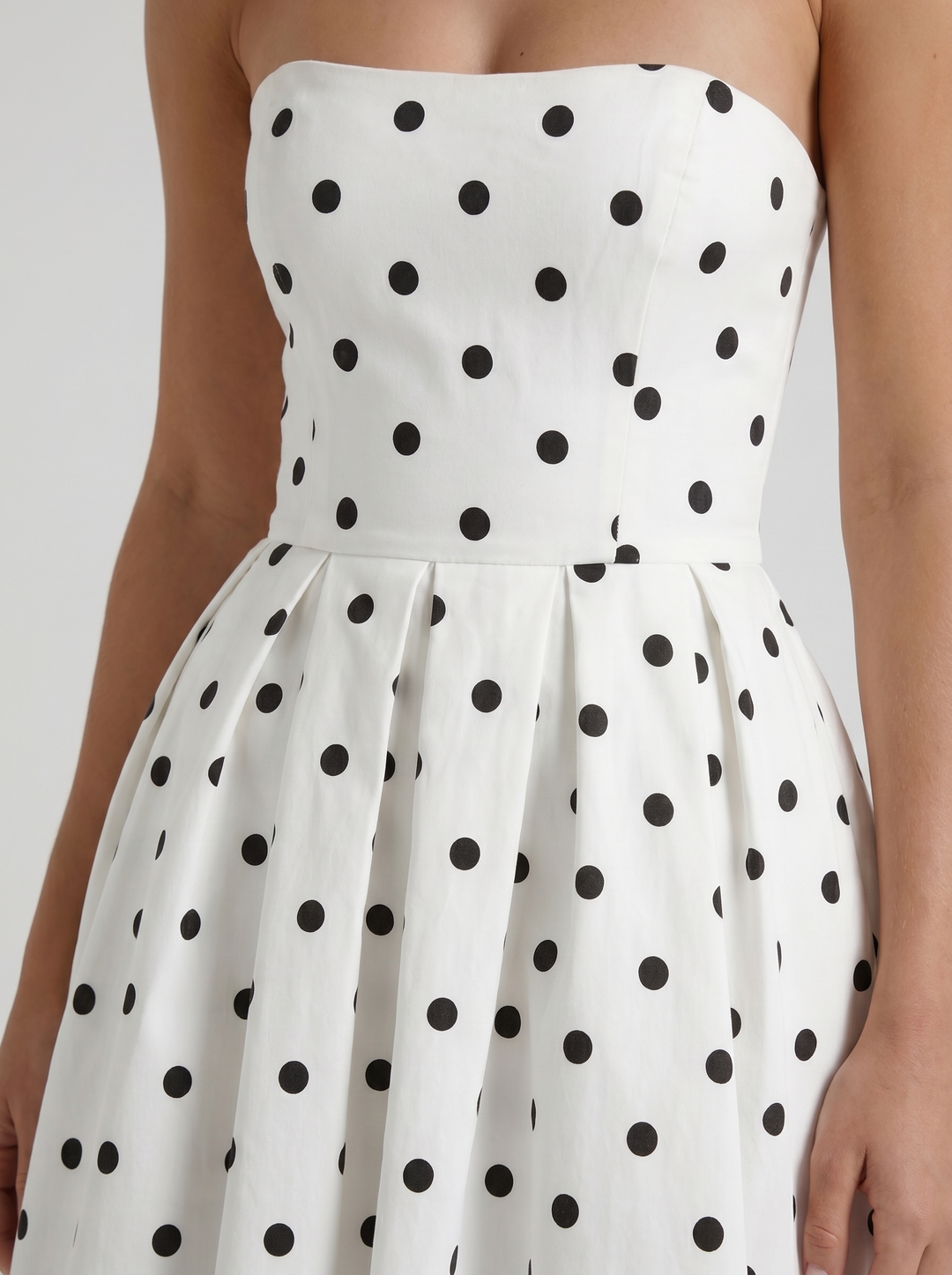 Audrey Strapless Pleated A Line Midi Dress - Black Polka Dot