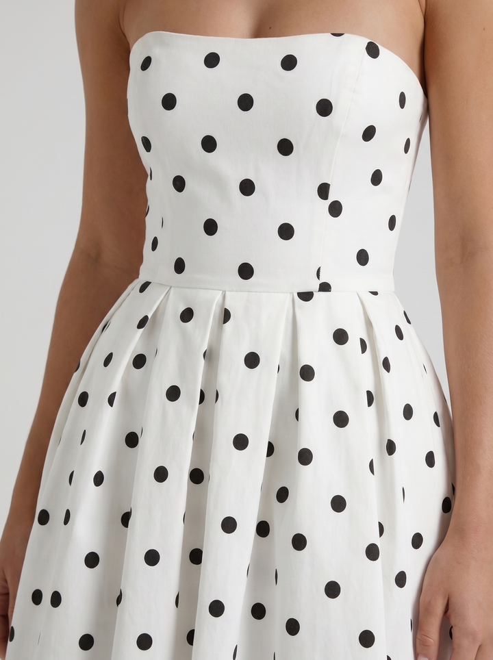 Audrey Strapless Pleated A Line Midi Dress - Black Polka Dot