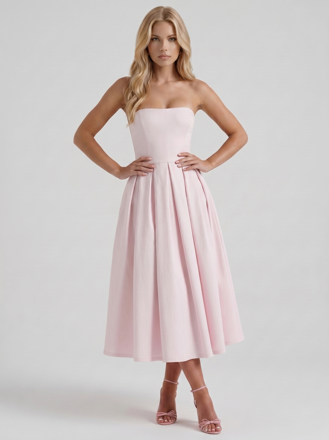 Audrey Strapless Pleated A Line Midi Dress - Blush