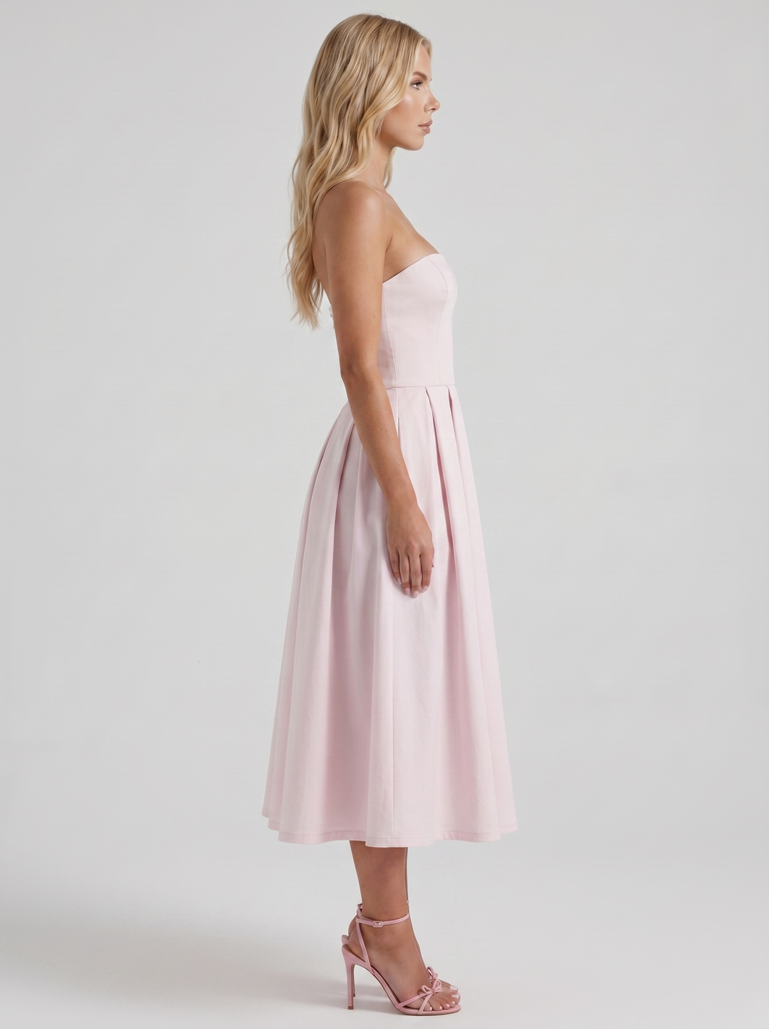 Audrey Strapless Pleated A Line Midi Dress - Blush