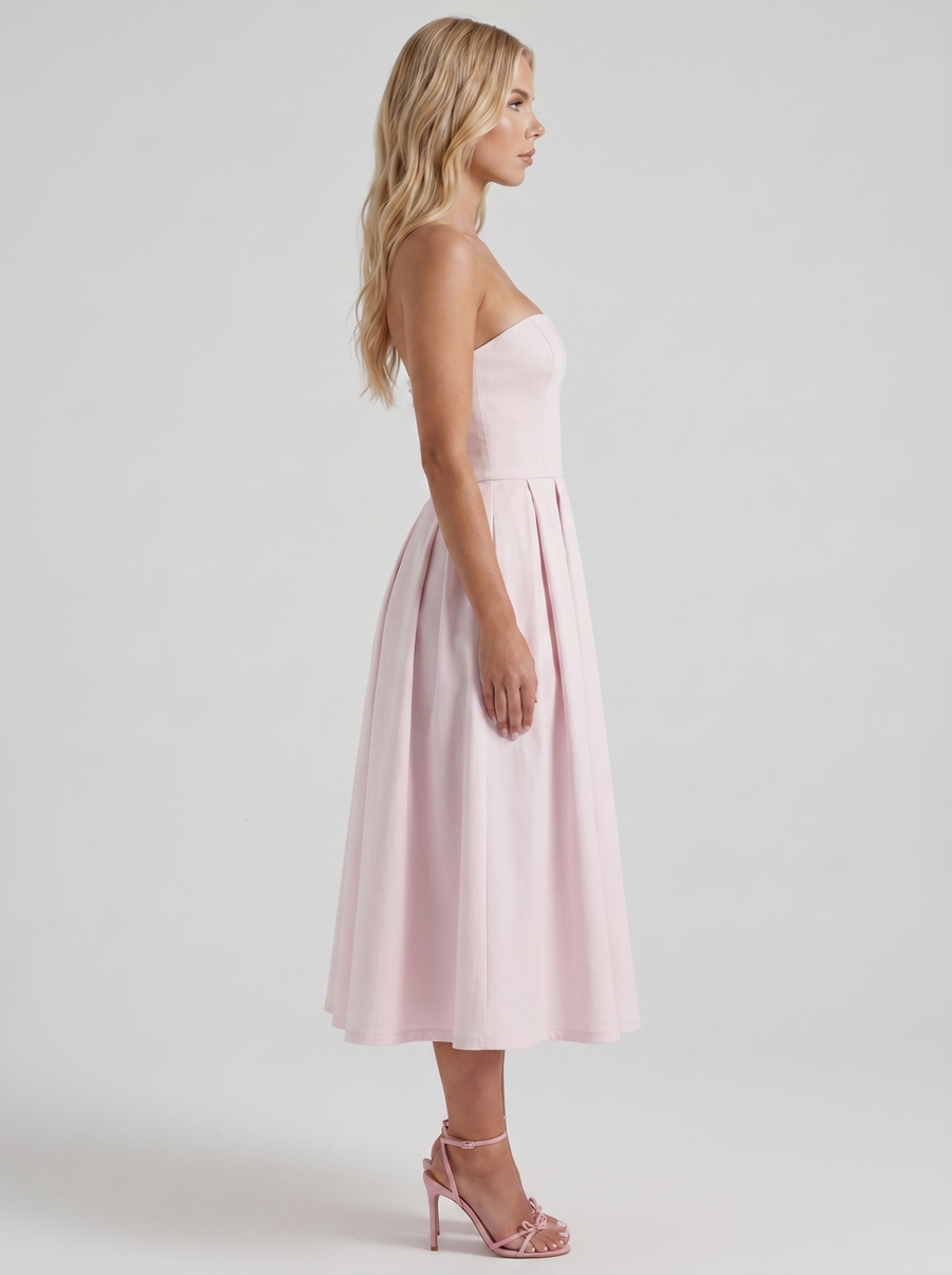 Audrey Strapless Pleated A Line Midi Dress - Blush