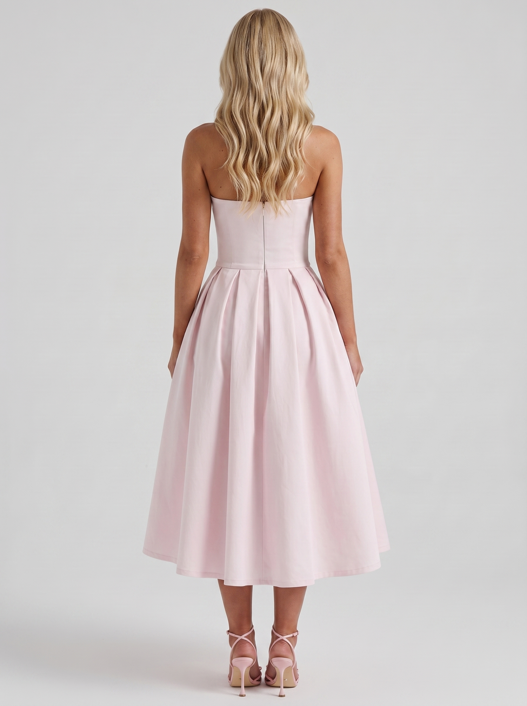 Audrey Strapless Pleated A Line Midi Dress - Blush