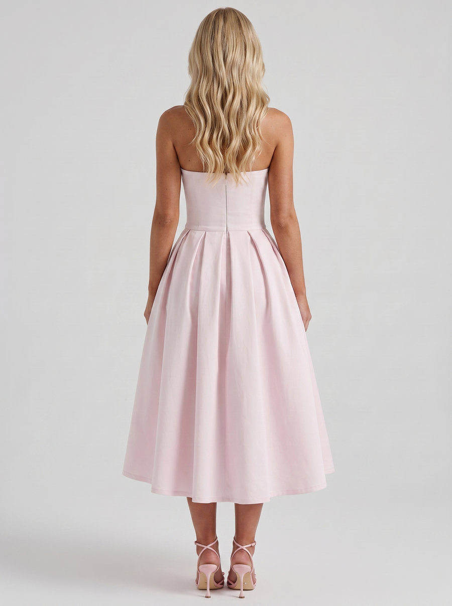 Audrey Strapless Pleated A Line Midi Dress - Blush