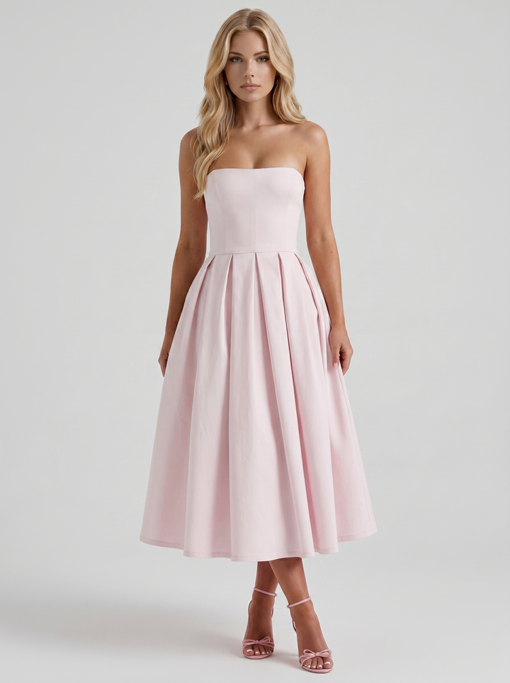 Audrey Strapless Pleated A Line Midi Dress - Blush