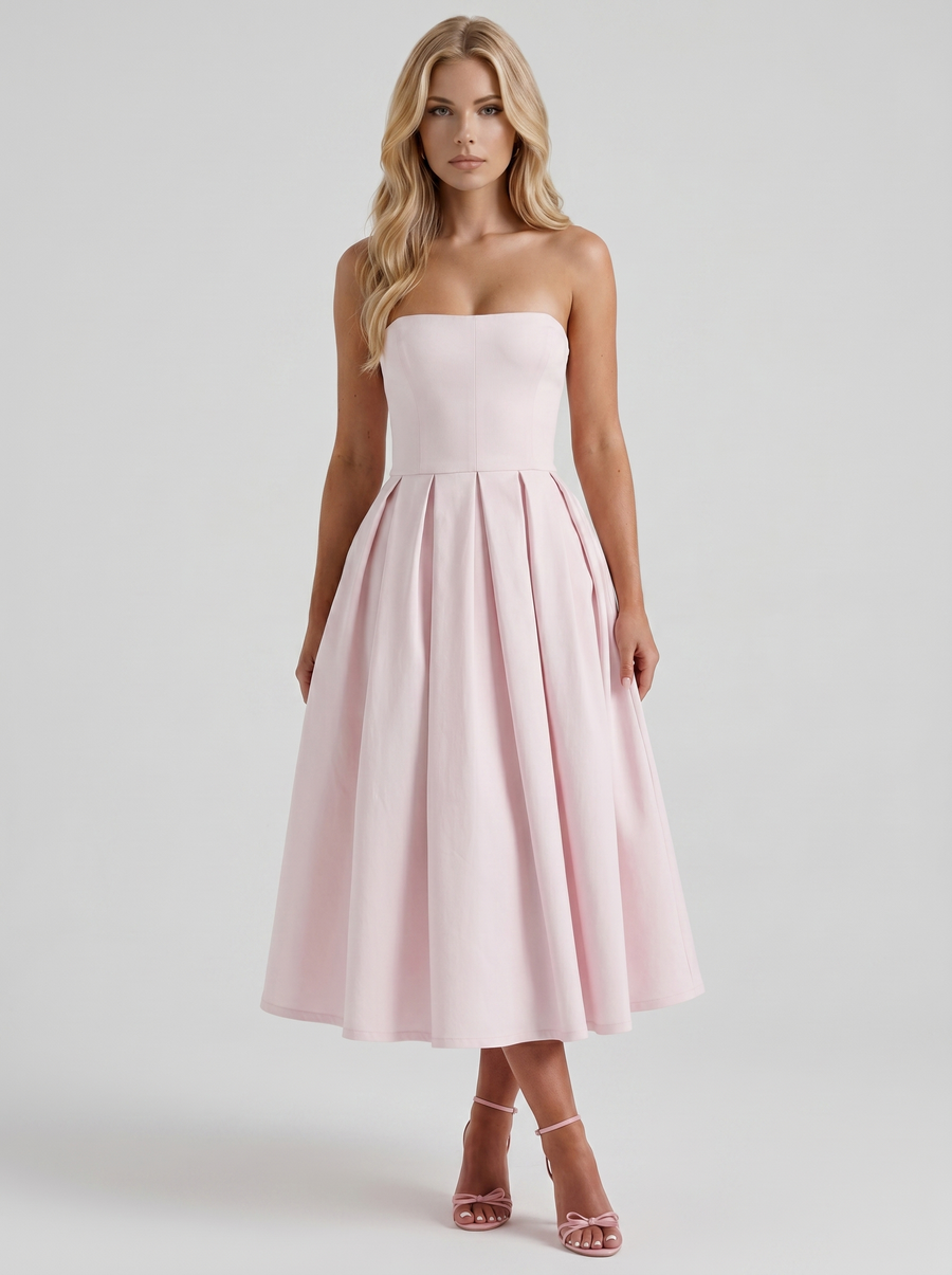Audrey Strapless Pleated A Line Midi Dress - Blush