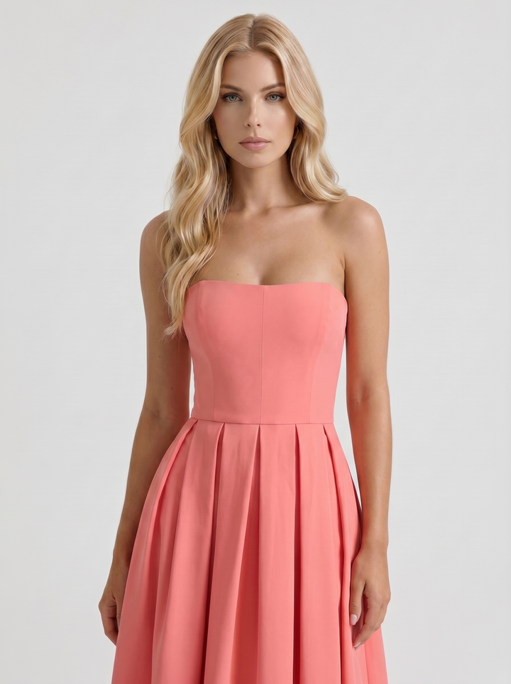 Audrey Strapless Pleated A Line Midi Dress - Coral Pink