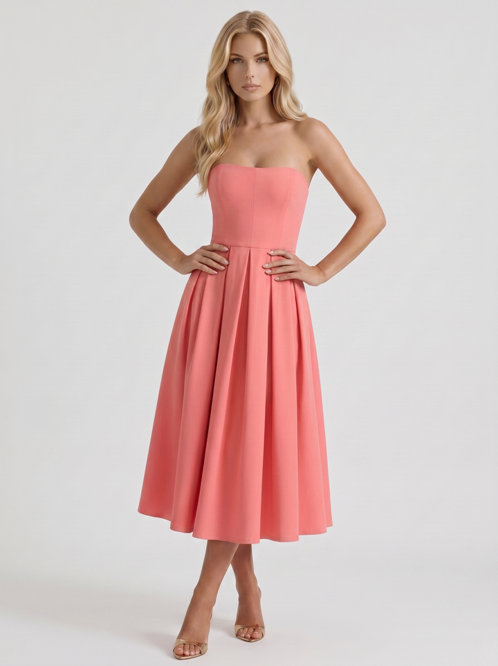 Audrey Strapless Pleated A Line Midi Dress - Coral Pink